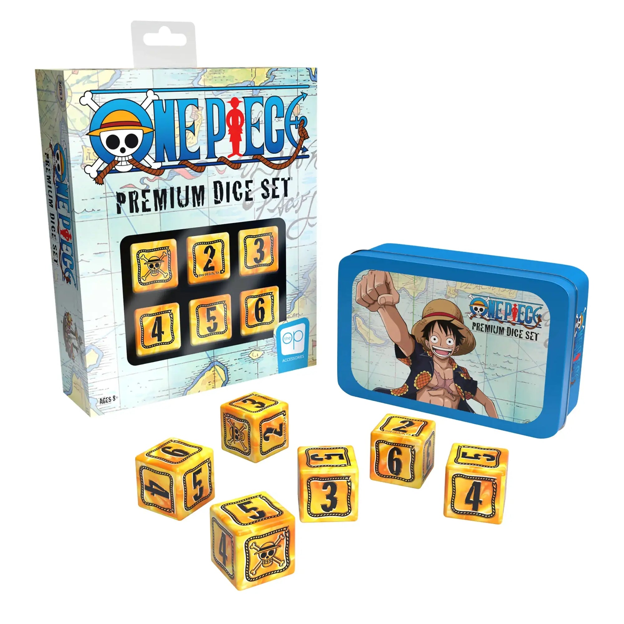 One Piece Premium Dice Set from THE MIGHTY HOBBY SHOP featuring colorful, intricately designed gaming dice for tabletop games.