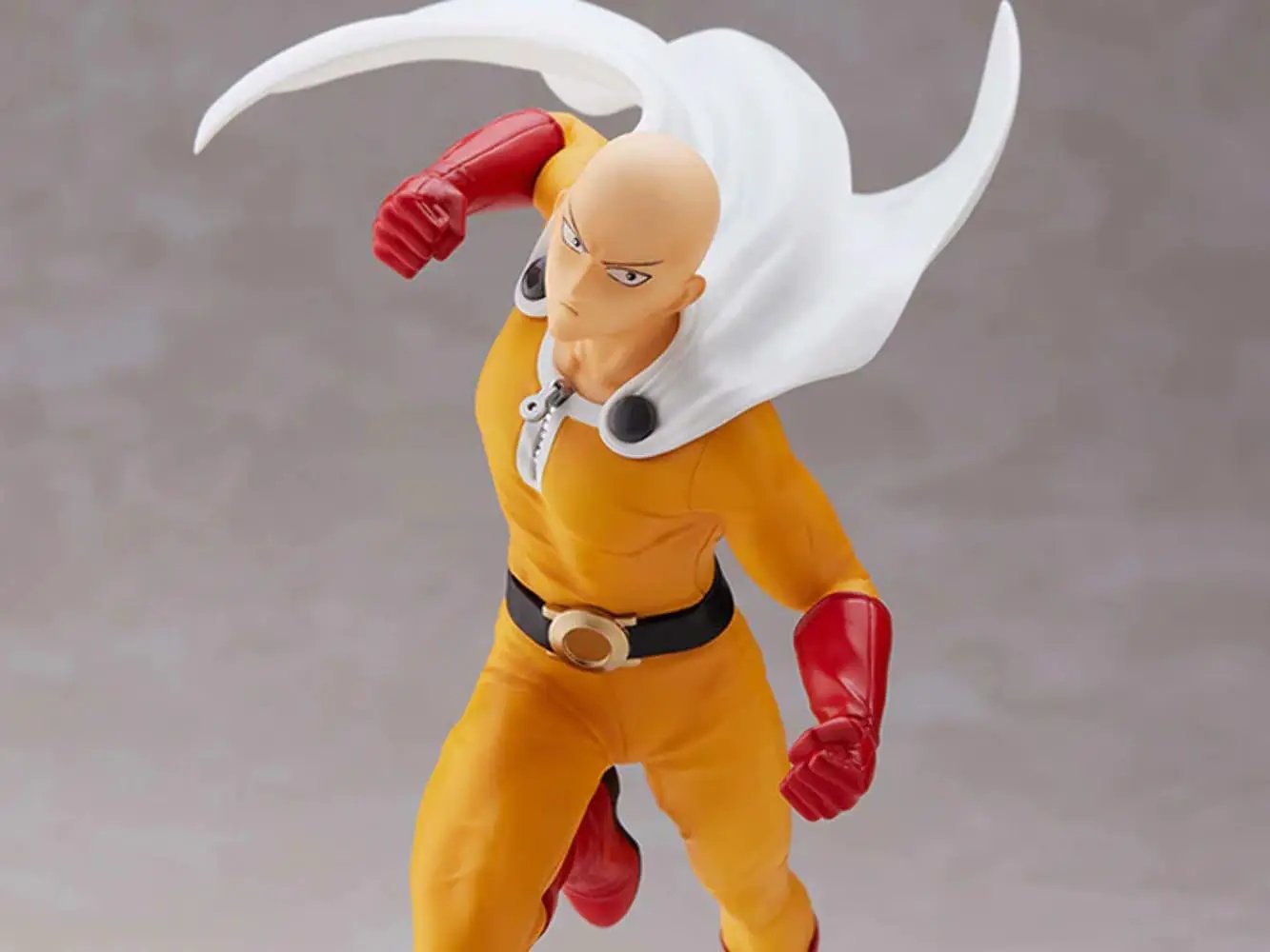 One Punch Man Saitama figurine, 13cm tall, detailed collectible figure from THE MIGHTY HOBBY SHOP, showcasing Saitama's iconic look.