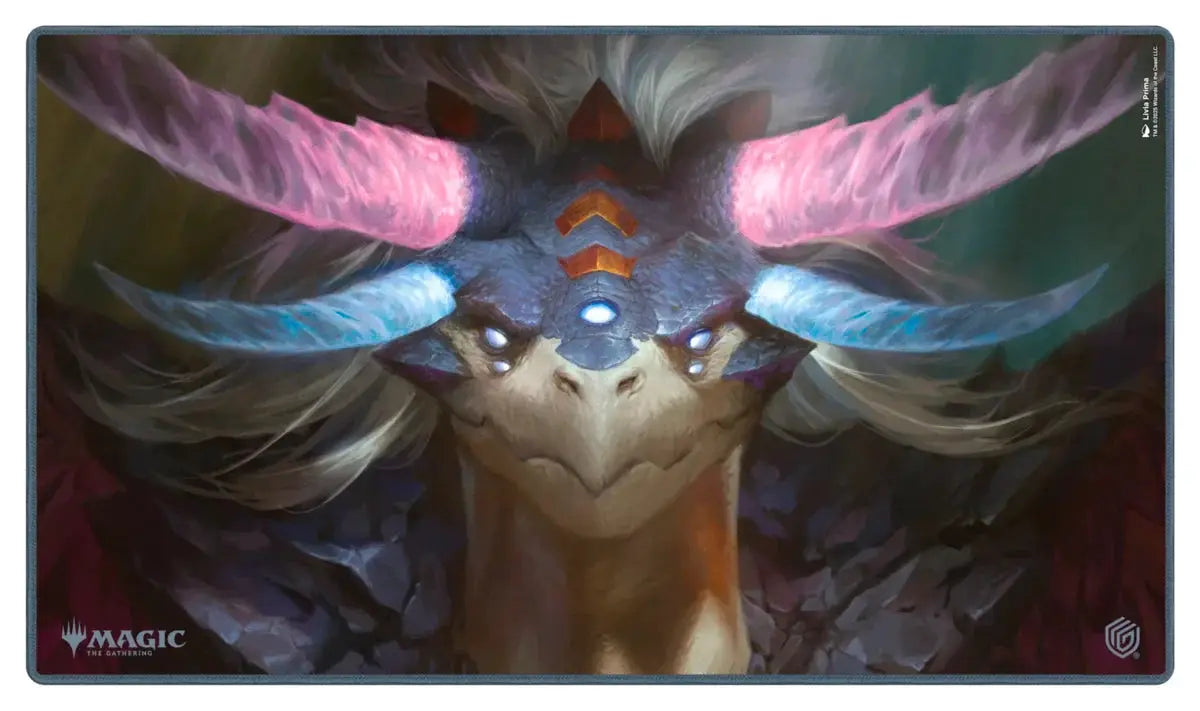 Play-mat for Magic: The Gathering Tarkir Dragonstorm featuring Shiko, Paragon of the Way with dark-themed artwork.
