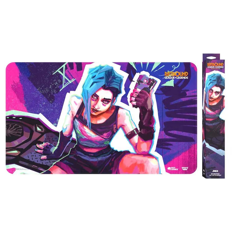 Playmat featuring Jinx from Riftbound: Origins, with colorful artwork, designed for gaming and collectible card enthusiasts.