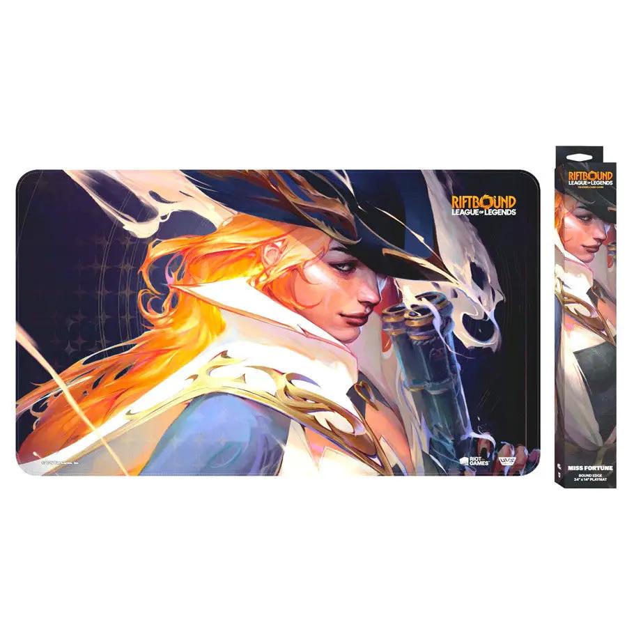 Playmat featuring Miss Fortune from Riftbound: Origins, showcasing vibrant artwork and game-themed design by THE MIGHTY HOBBY SHOP.