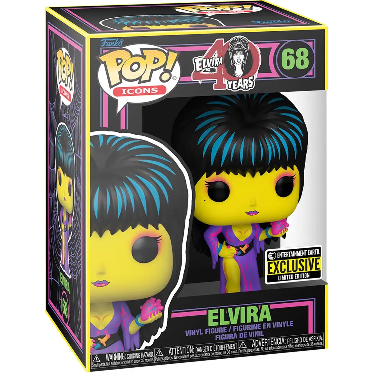 Elvira Black Light POP! Icons figure from THE MIGHTY HOBBY SHOP, featuring her in a spooky costume with black light glow effects.