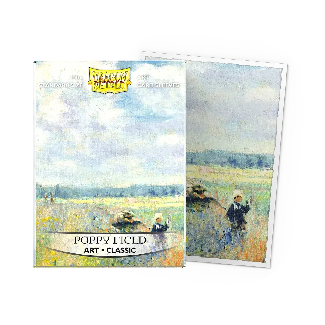 Flat image of Poppy Field Classic Art sleeves by THE MIGHTY HOBBY SHOP, standard size, showing colorful floral design on transparent card sleeves.