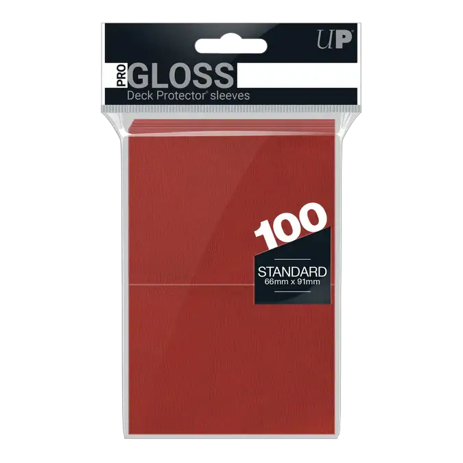 Red PRO-Gloss Standard Deck Protector Sleeves by THE MIGHTY HOBBY SHOP, 100ct pack, featuring glossy finish and card protection.
