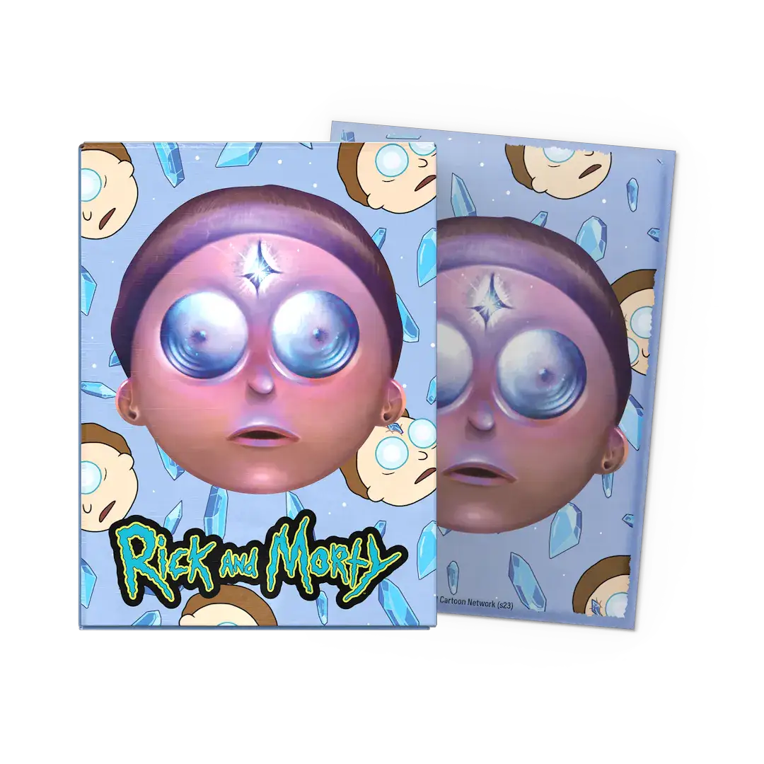 Flat image of a standard-sized Rick & Morty Morty brushed art sleeves box, showcasing colorful character artwork and design details.