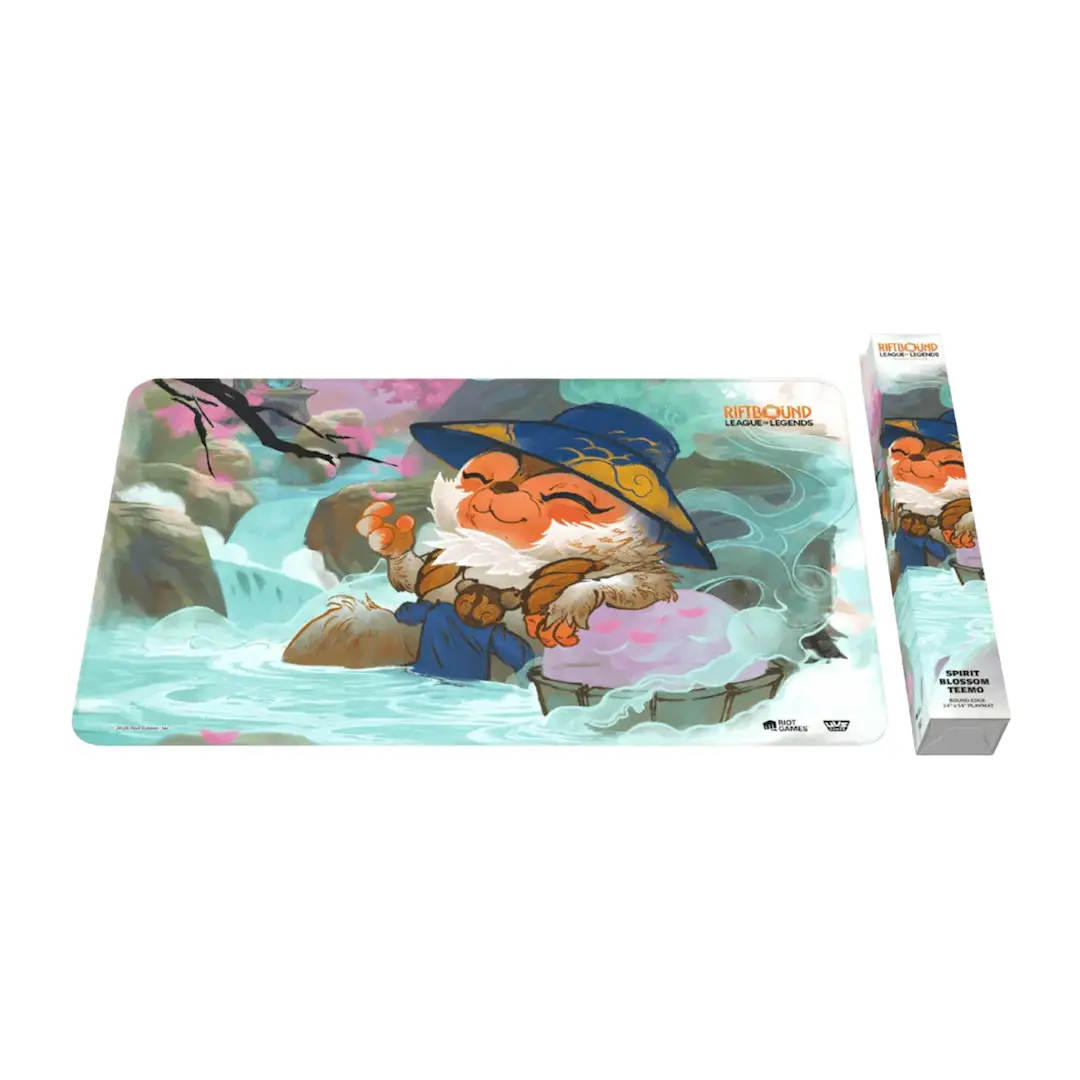 Spirit Blossom Teemo playmat from Riftbound TCG: League of Legends by Spiritforged, featuring colorful Teemo design on gaming surface.