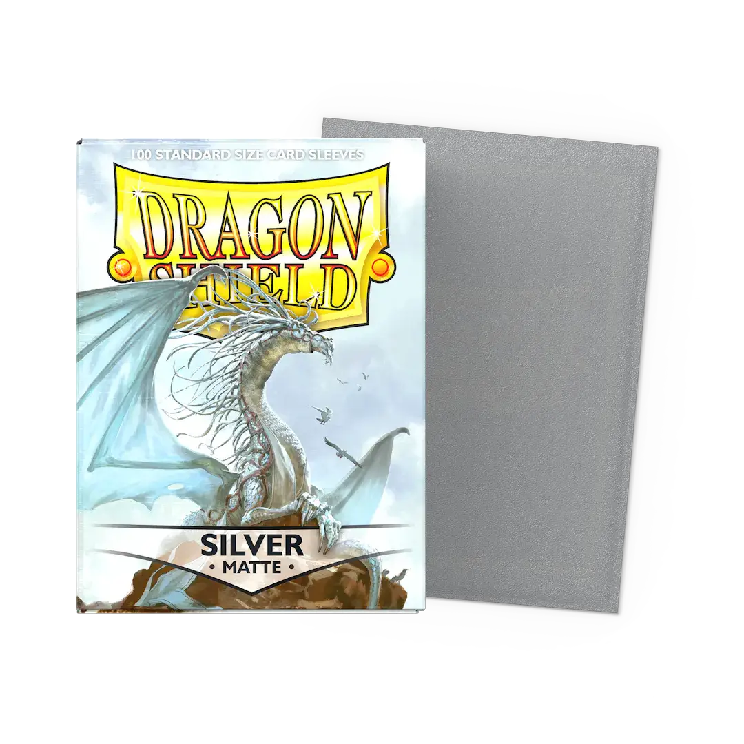 Silver matte standard size sleeves for trading cards, featuring a sleek, smooth finish and snug fit, by THE MIGHTY HOBBY SHOP.