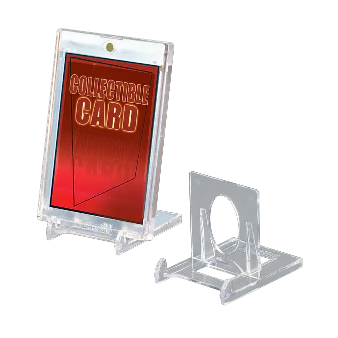 Small 2-piece card holder stands from THE MIGHTY HOBBY SHOP, shown in a close-up image with black plastic supports.