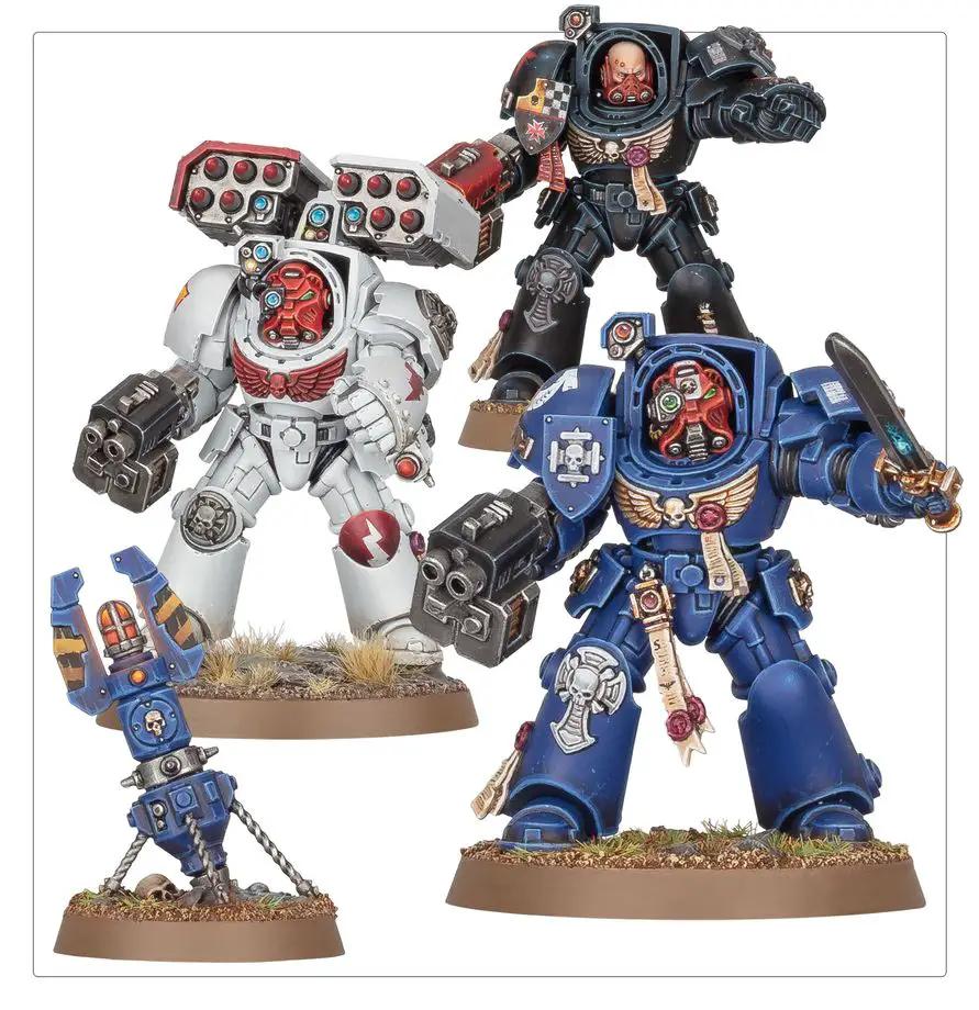 Space Marines Terminator Squad miniatures in detailed armor, posed with weapons, from THE MIGHTY HOBBY SHOP.