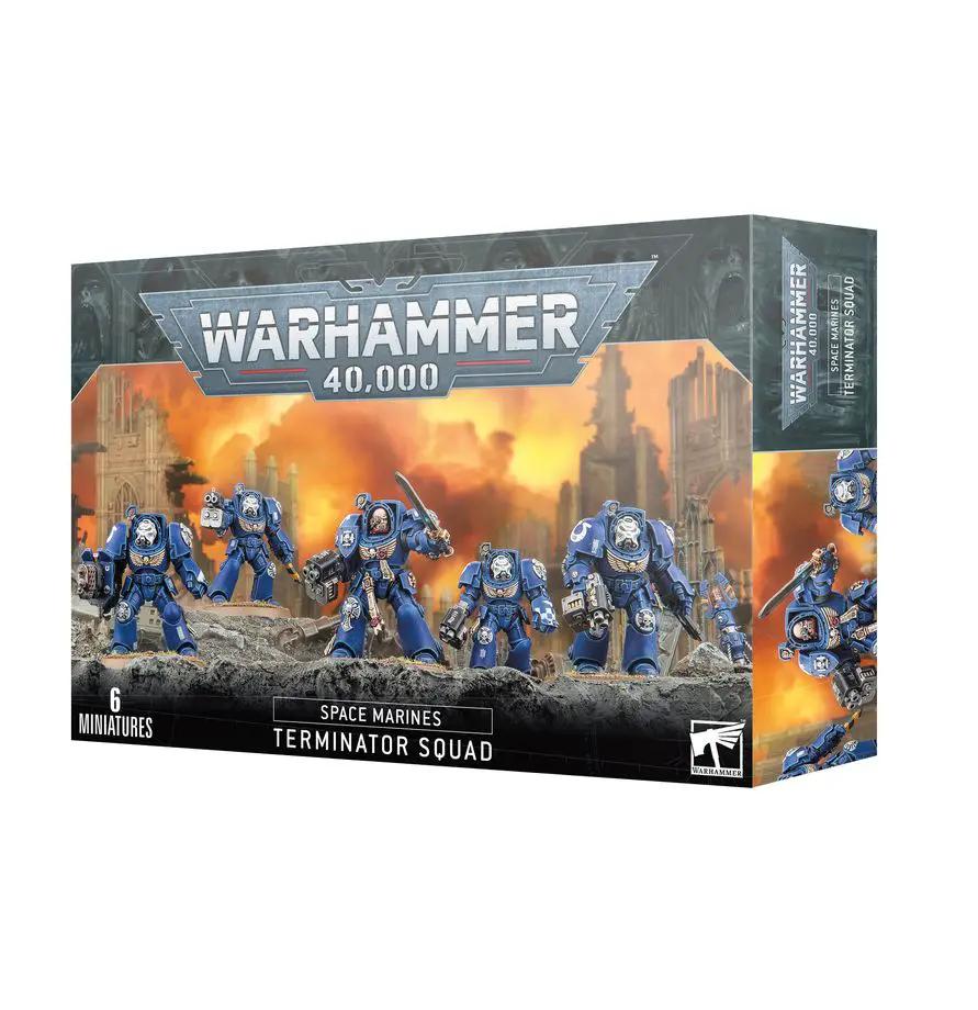 Space Marines Terminator Squad miniature from THE MIGHTY HOBBY SHOP, featuring detailed armored figures in a dynamic pose.