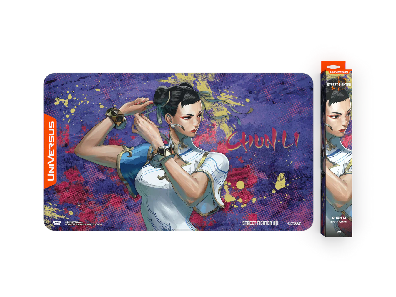 Street Fighter 6 Chun-Li Challenger Series playmat with colorful artwork, featuring Chun-Li in a dynamic pose for fighting game fans.