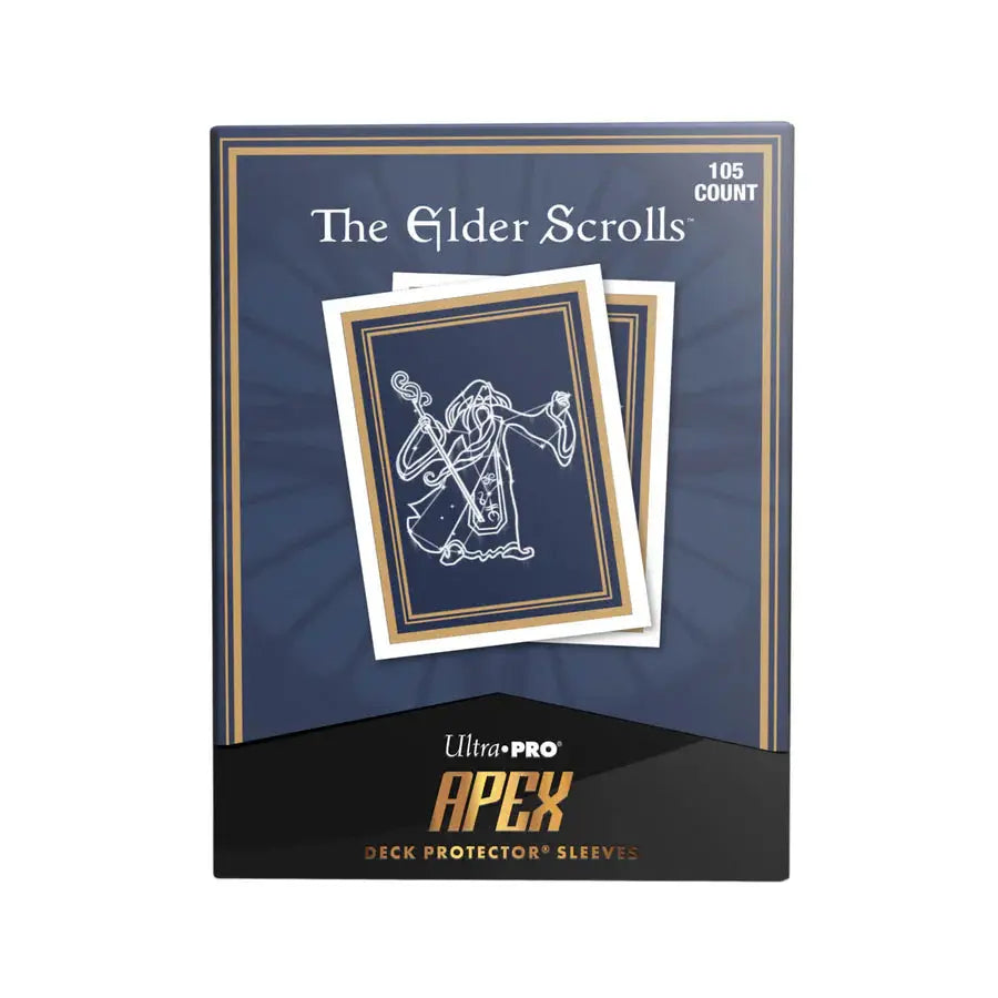 A pack of The Elder Scrolls Mages Guild Apex Deck Protectors for tabletop gaming, featuring fantasy-themed design on card sleeves.