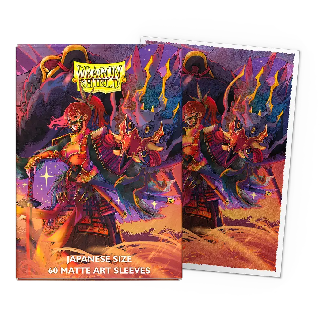 Japanese size matte art sleeves from The Fallen by THE MIGHTY HOBBY SHOP, featuring detailed artwork and protective card sleeves.