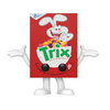 Trix cereal box featuring colorful cartoon mascot and vibrant branding, displayed on a kitchen countertop.