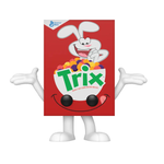 Trix cereal box featuring colorful cartoon mascot and vibrant branding, displayed on a kitchen countertop.