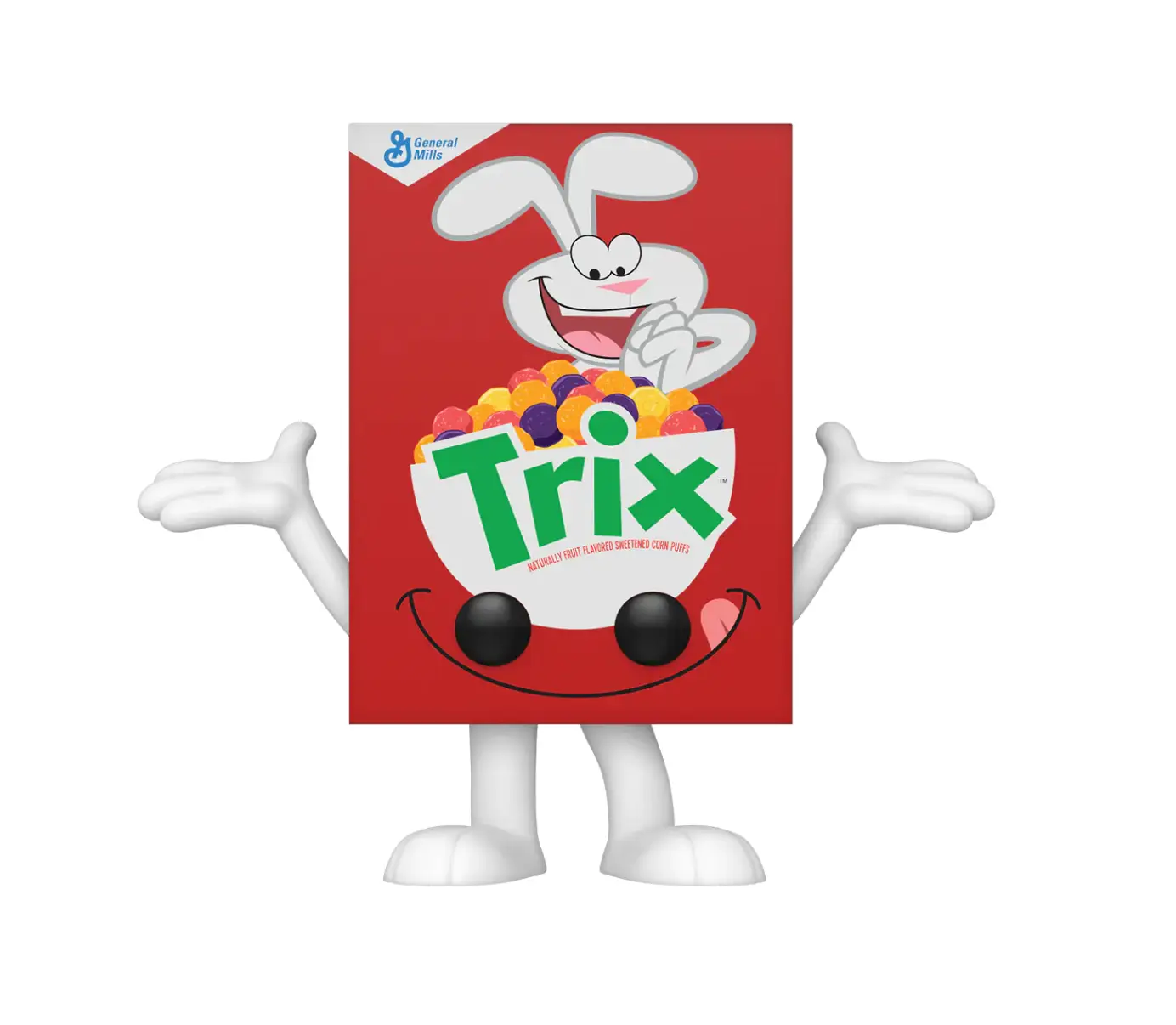 Trix cereal box featuring colorful cartoon mascot and vibrant branding, displayed on a kitchen countertop.