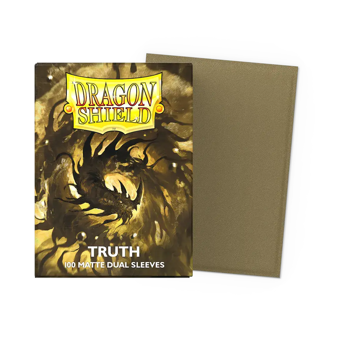 Flat image of a standard size Matte Dual Sleeves card protector box by THE MIGHTY HOBBY SHOP, showing the packaging design.