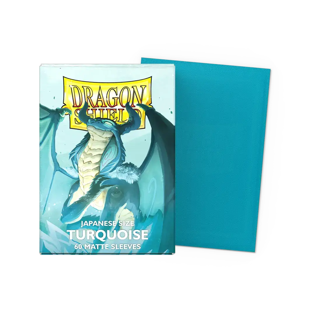Flat image of a box of THE MIGHTY HOBBY SHOP Turquoise Players' Choice Matte Sleeves in Japanese size, showing sleeve packaging.