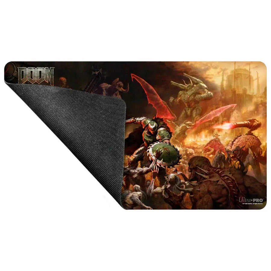 Ultra Pro DOOM: THE DARK AGES Onslaught playmat featuring detailed artwork for tabletop gaming, made of durable rubber.