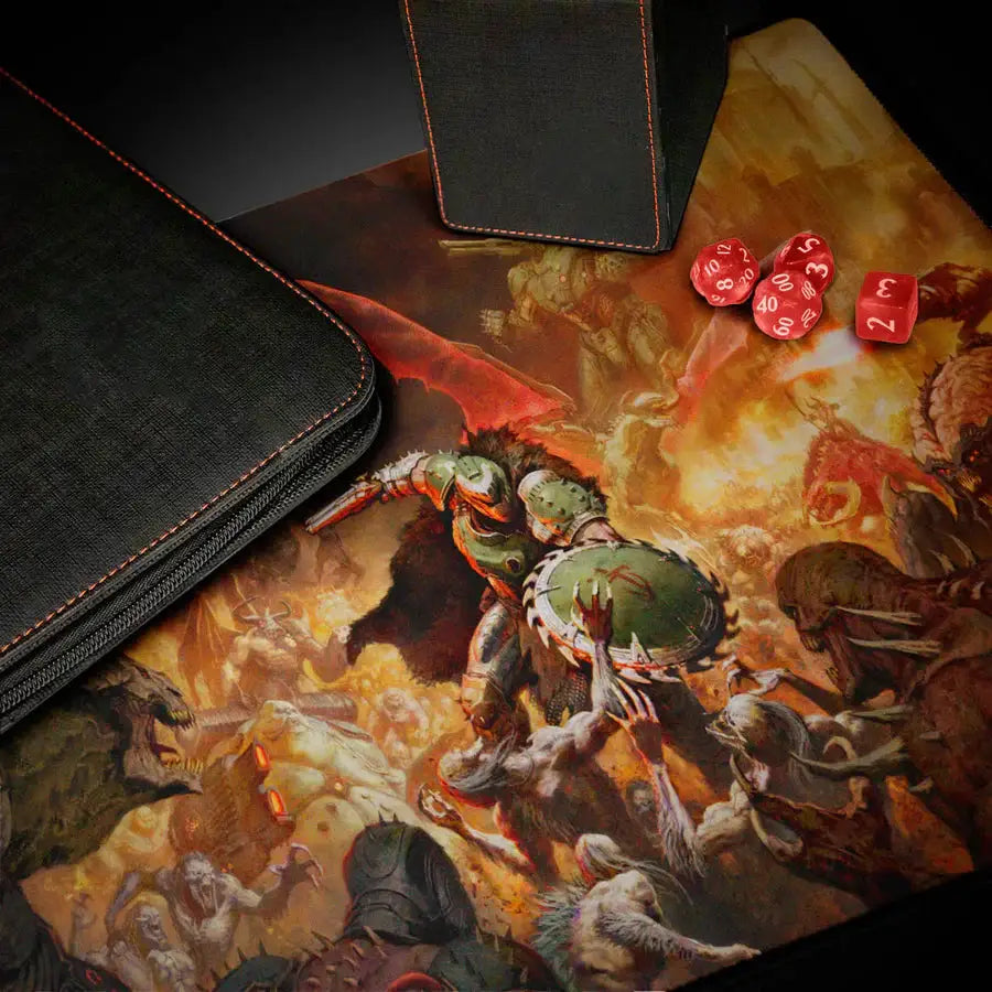 Ultra Pro DOOM: The Dark Ages Onslaught playmat featuring dark, detailed artwork for tabletop gaming sessions.