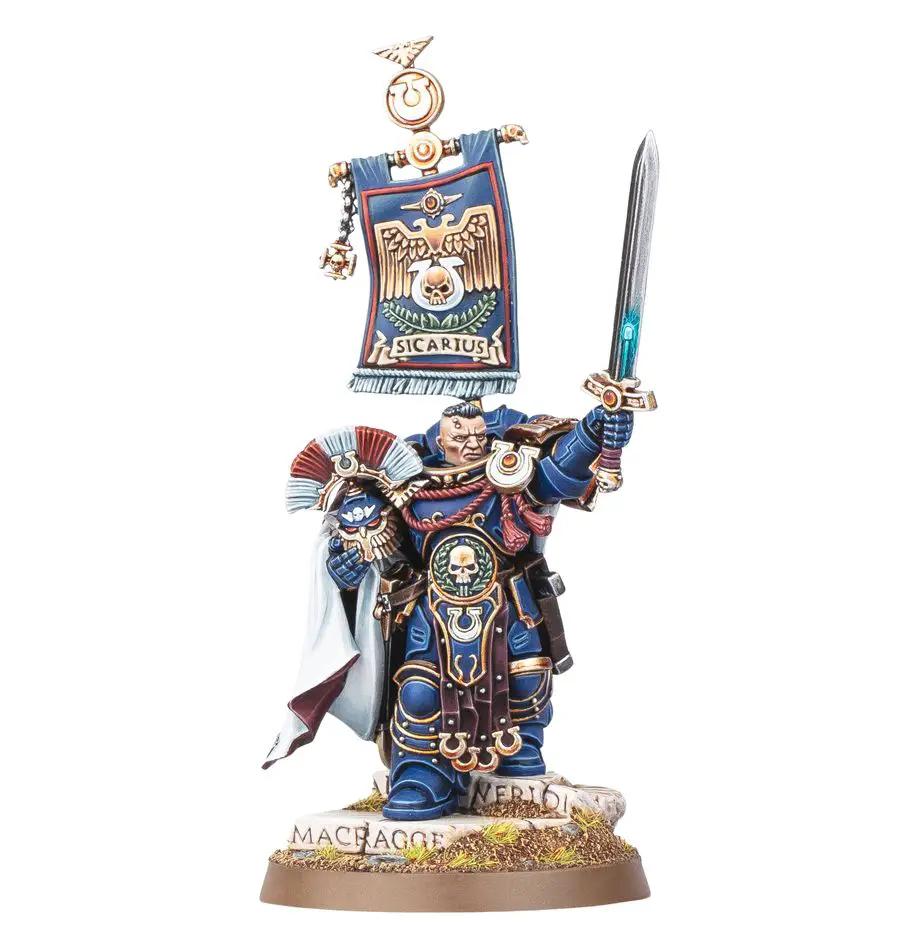Ultramarines Cato Sicarius miniature from Warhammer 40K, detailed model with space marine armor and weaponry.