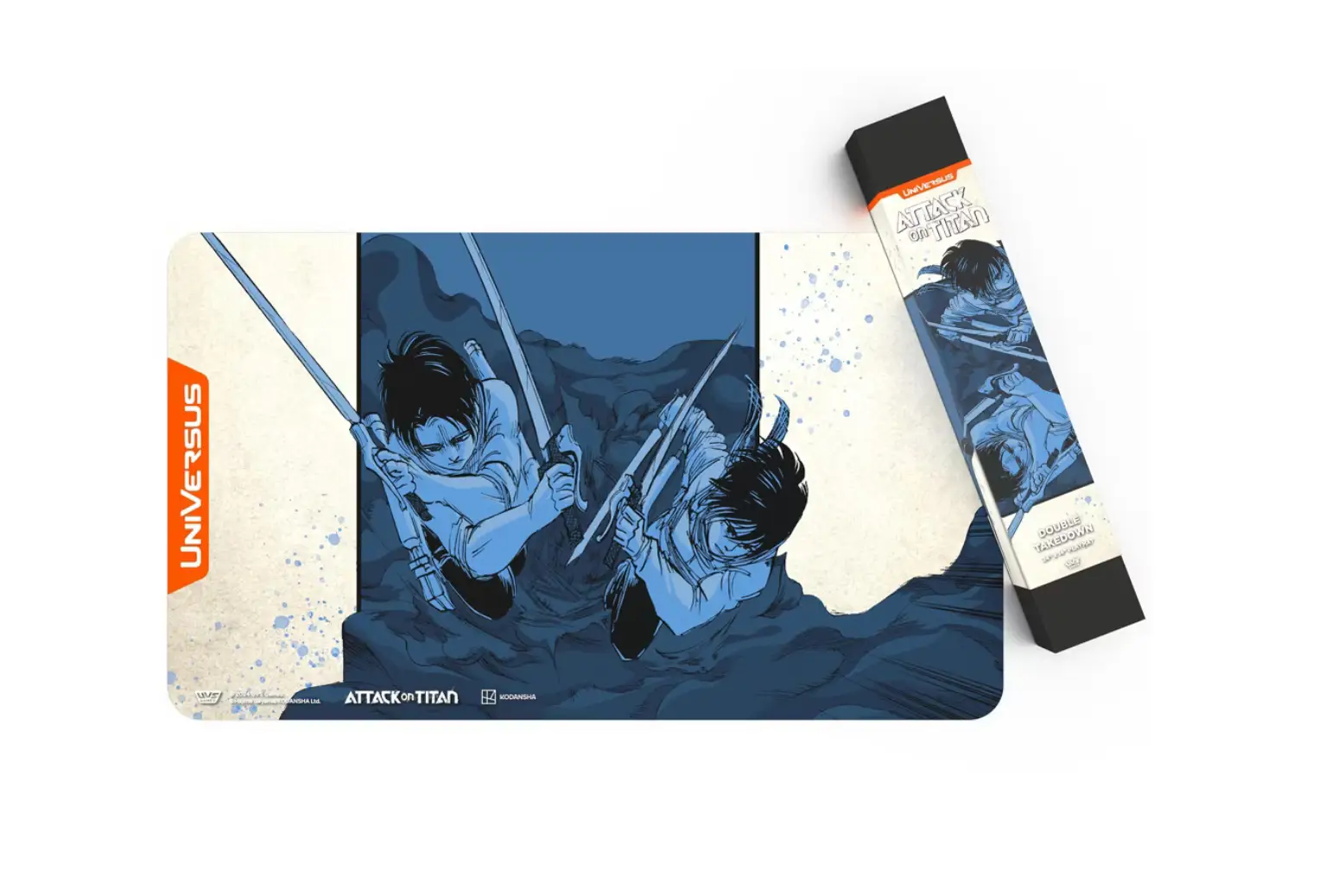 Double Takedown Attack on Titan playmat by THE MIGHTY HOBBY SHOP, featuring detailed anime-themed design, 24 x 14 inches.