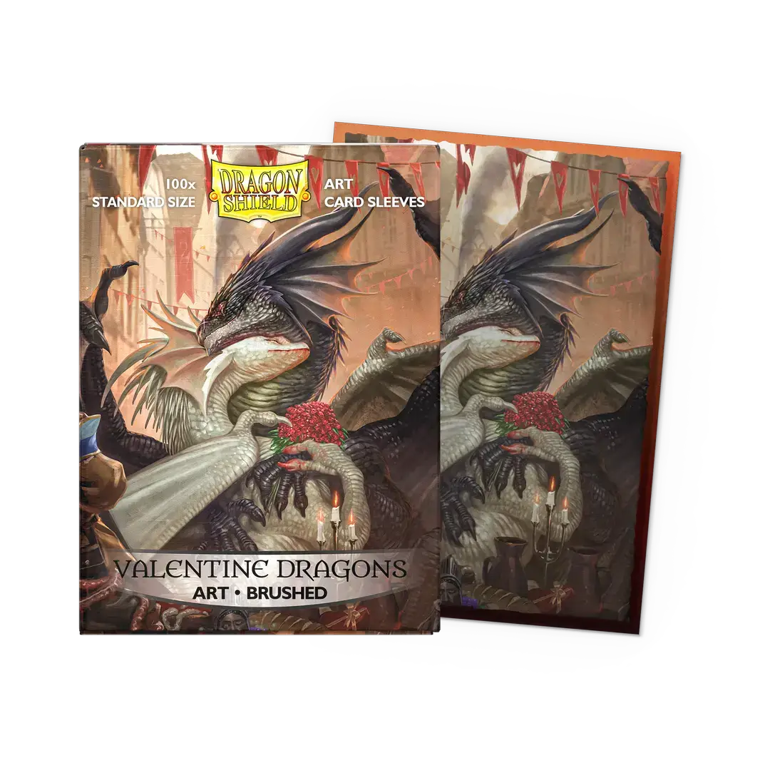 Valentine Dragons 2021 brushed art sleeves in standard size, featuring colorful dragon designs on a flat box sleeve from THE MIGHTY HOBBY SHOP.