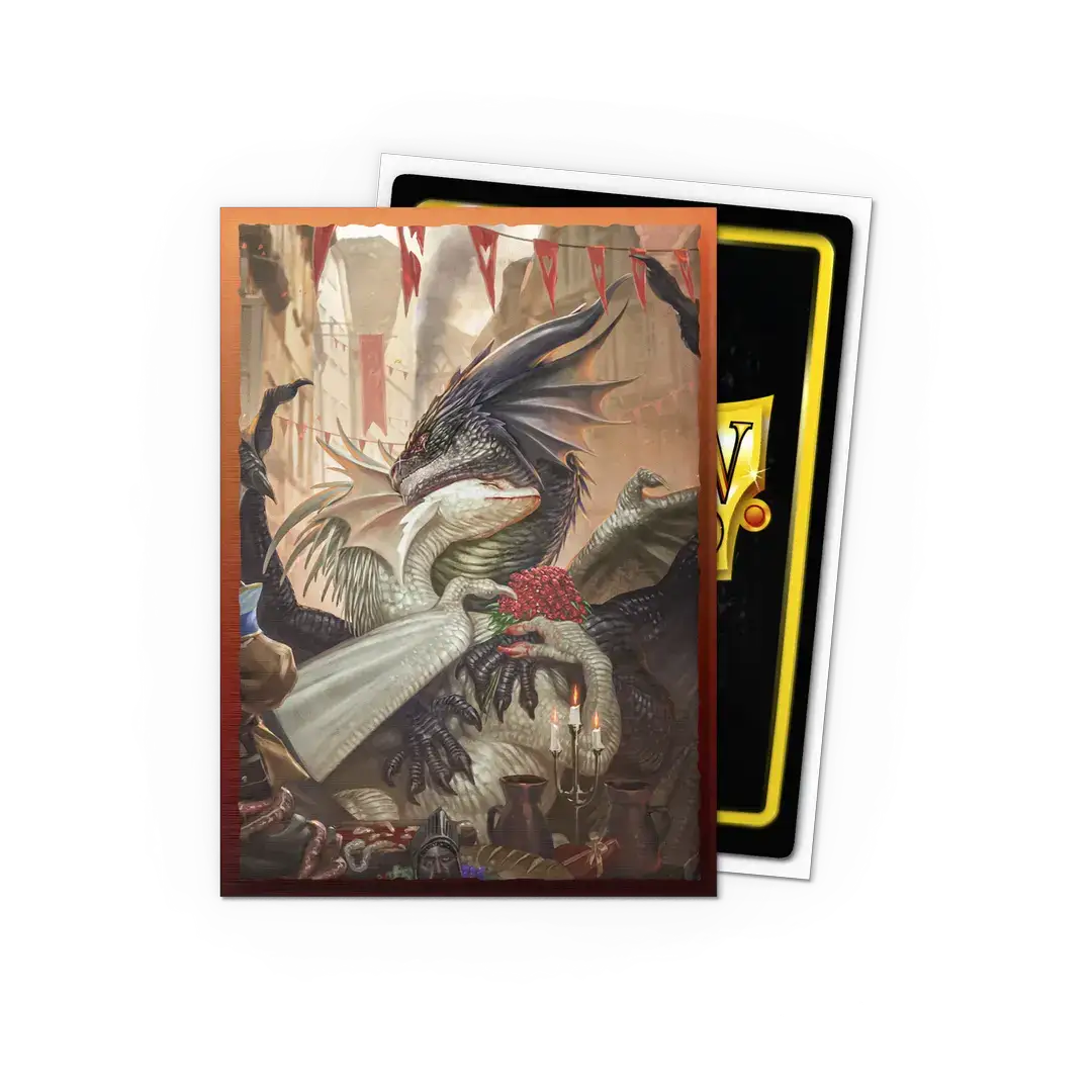 Valentine Dragons 2021 brushed art sleeves by THE MIGHTY HOBBY SHOP, standard size, featuring colorful dragon design on card sleeves.