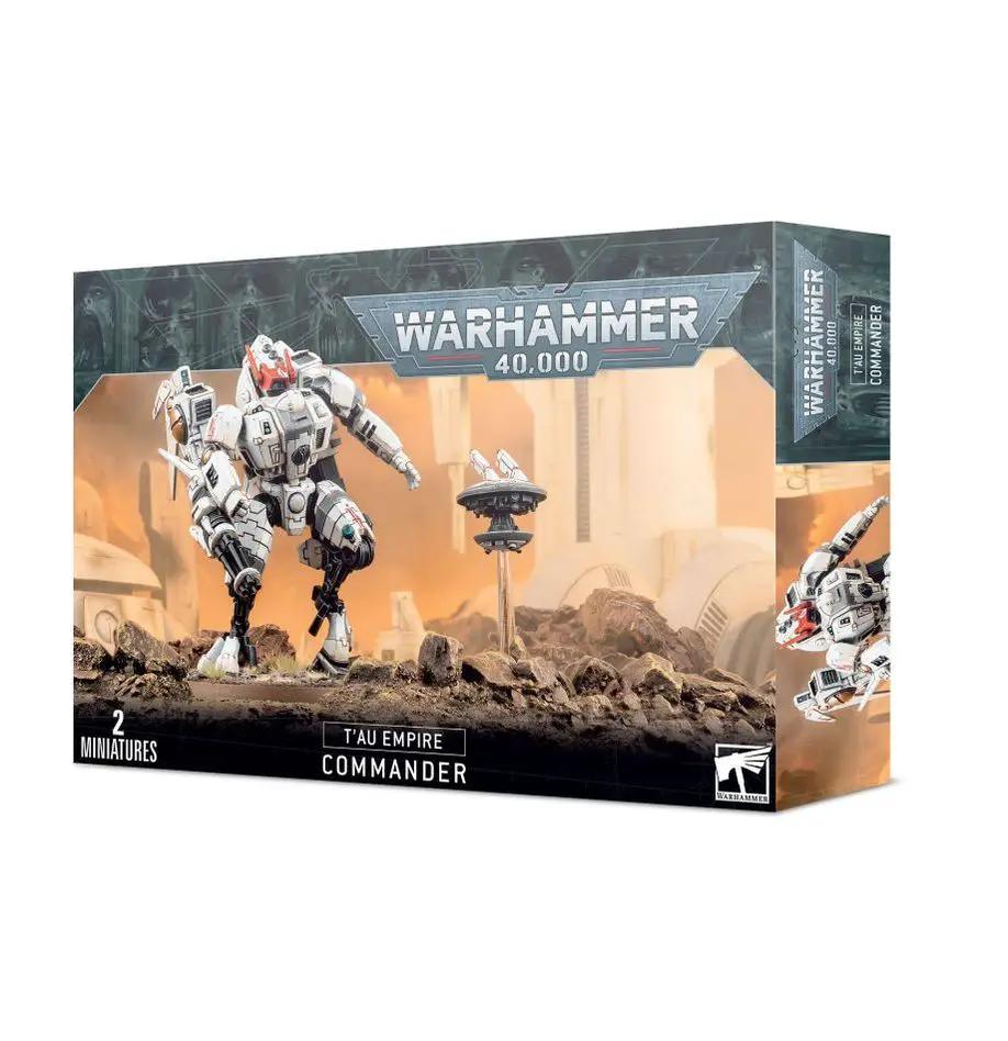 Warhammer 40,000 T'au Empire Commander Coldstar Enforcer Battlesuit miniatures in vibrant colors, ready for tabletop gaming.