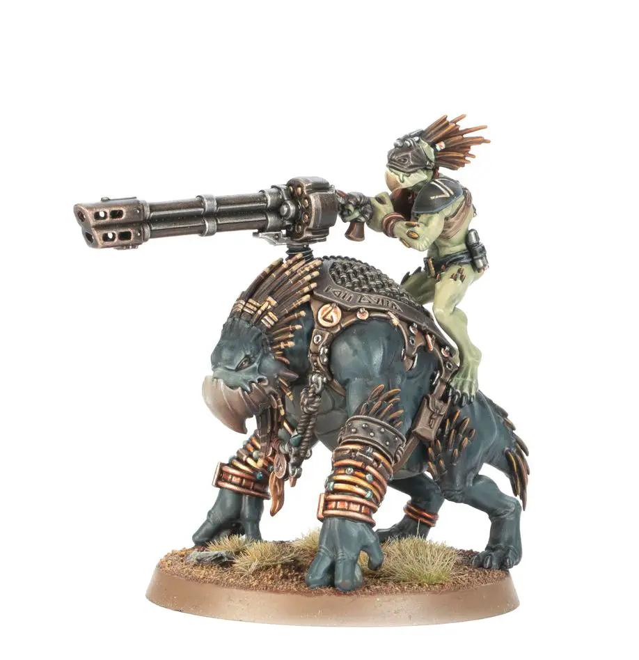 Krootox Rider from Warhammer 40,000 T'au Empire army, detailed miniature figure with weapon and armor, on a gaming base.