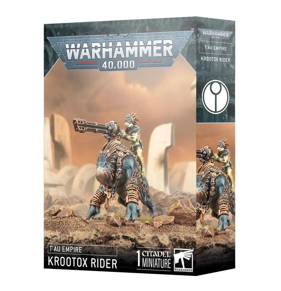 Krootox Rider miniature from Warhammer 40,000 T'au Empire faction, detailed figure with armored Kroot rider on a beast.