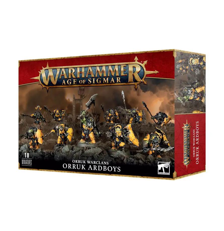 Warhammer Age of Sigmar Ardboyz miniatures set, featuring green-skinned orc warriors with weapons, on a gaming tabletop.