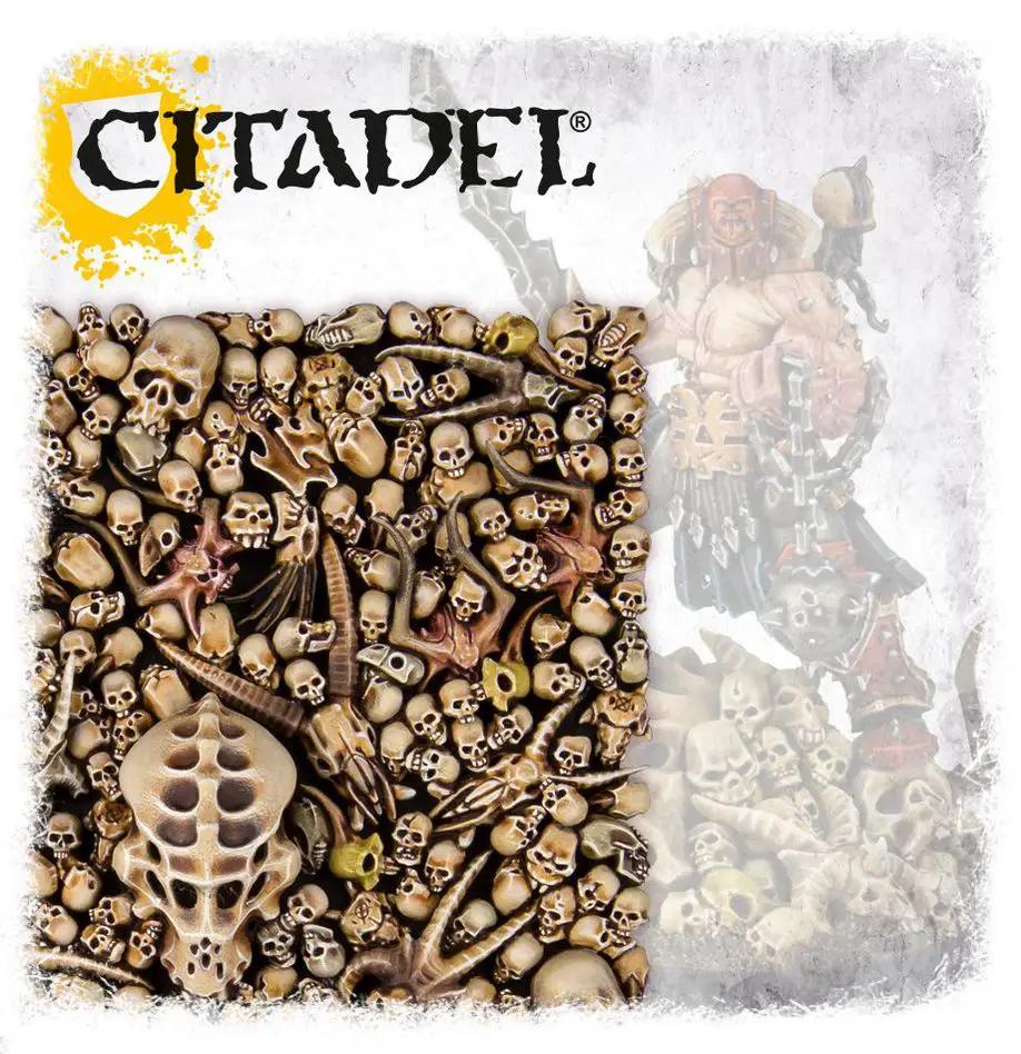 A collection of Warhammer Citadel Skulls miniature accessories with detailed skull designs for tabletop gaming and model decoration.
