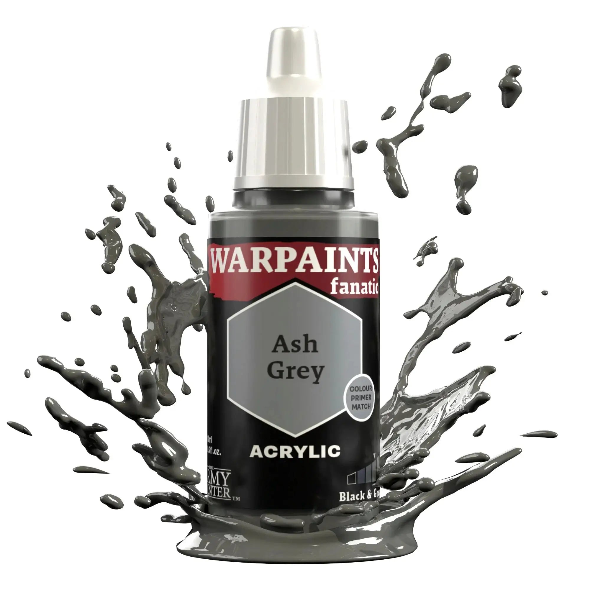 Warpaints Fanatic Ash Grey acrylic paint bottle from THE MIGHTY HOBBY SHOP on a white background.