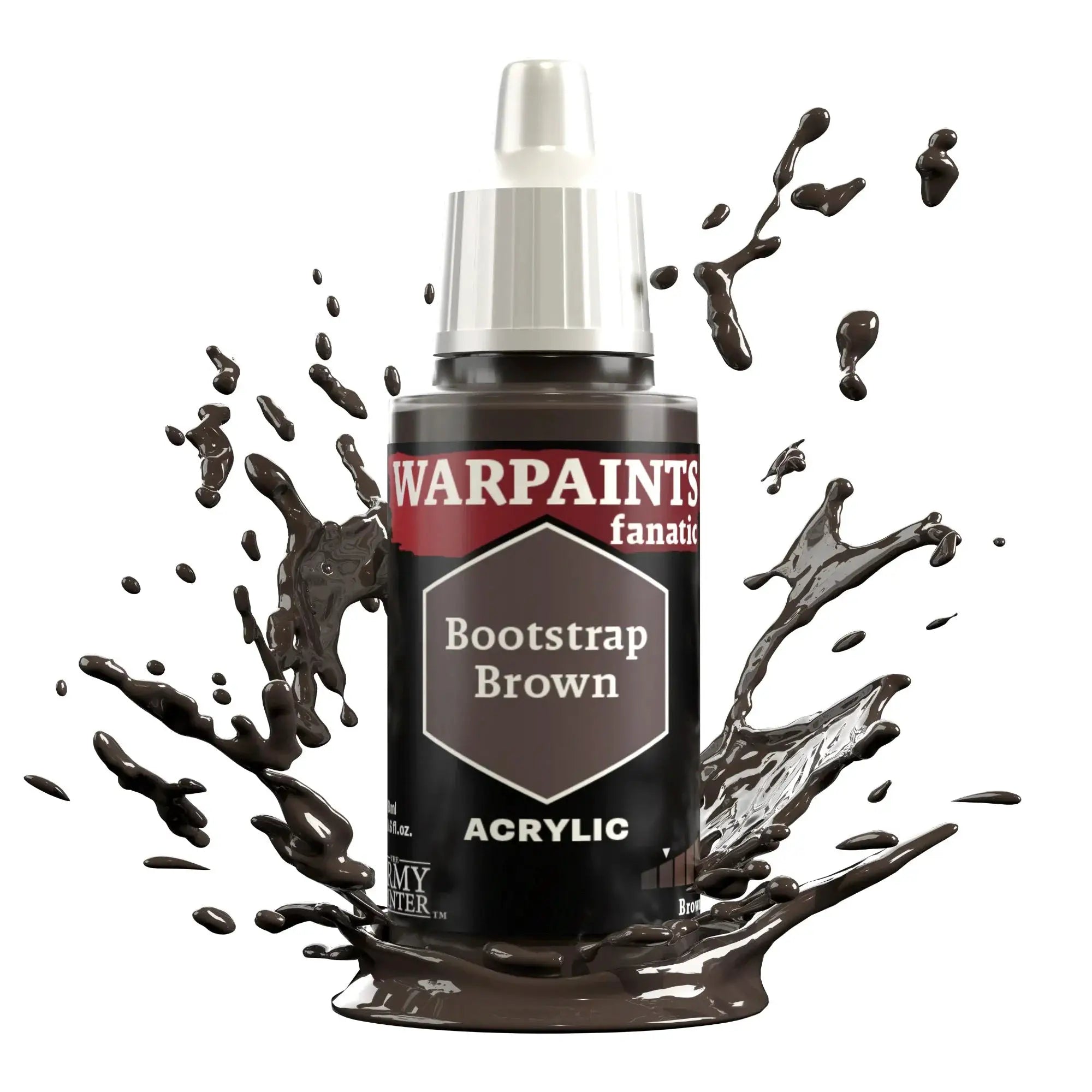 Warpaints Fanatic Bootstrap Brown acrylic paint bottle from THE MIGHTY HOBBY SHOP with label and cap visible.