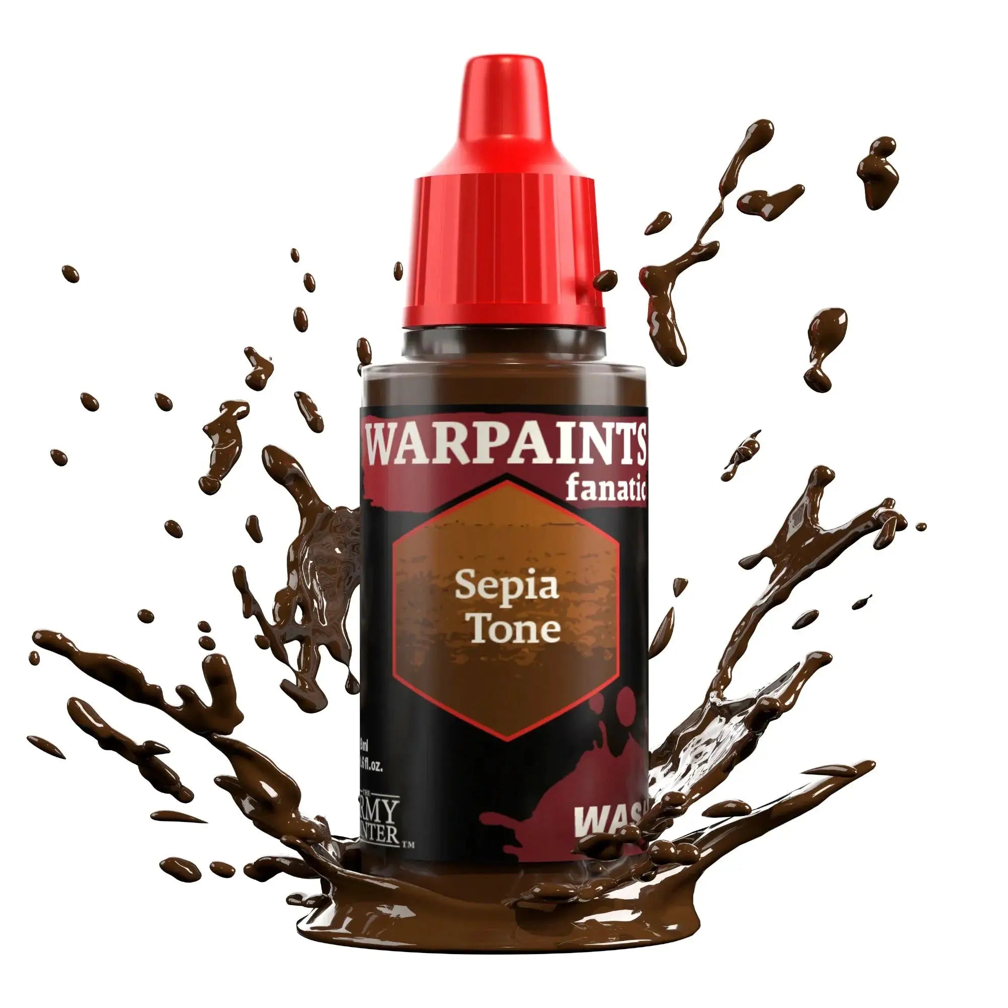 Warpaints Fanatic Wash Sepia Tone bottle, featuring a sepia-colored liquid in a small hobby paint container, used for miniature detailing.