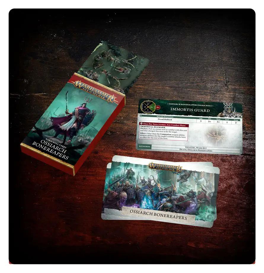 Ossiarch Bonereapers Warscroll Cards from the Mighty Hobby Shop, featuring detailed game reference cards for Warhammer Age of Sigmar.