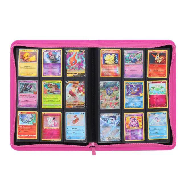 Open pink Z-Folio 9-pocket album by THE MIGHTY HOBBY SHOP with clear plastic sleeves for storing trading cards.
