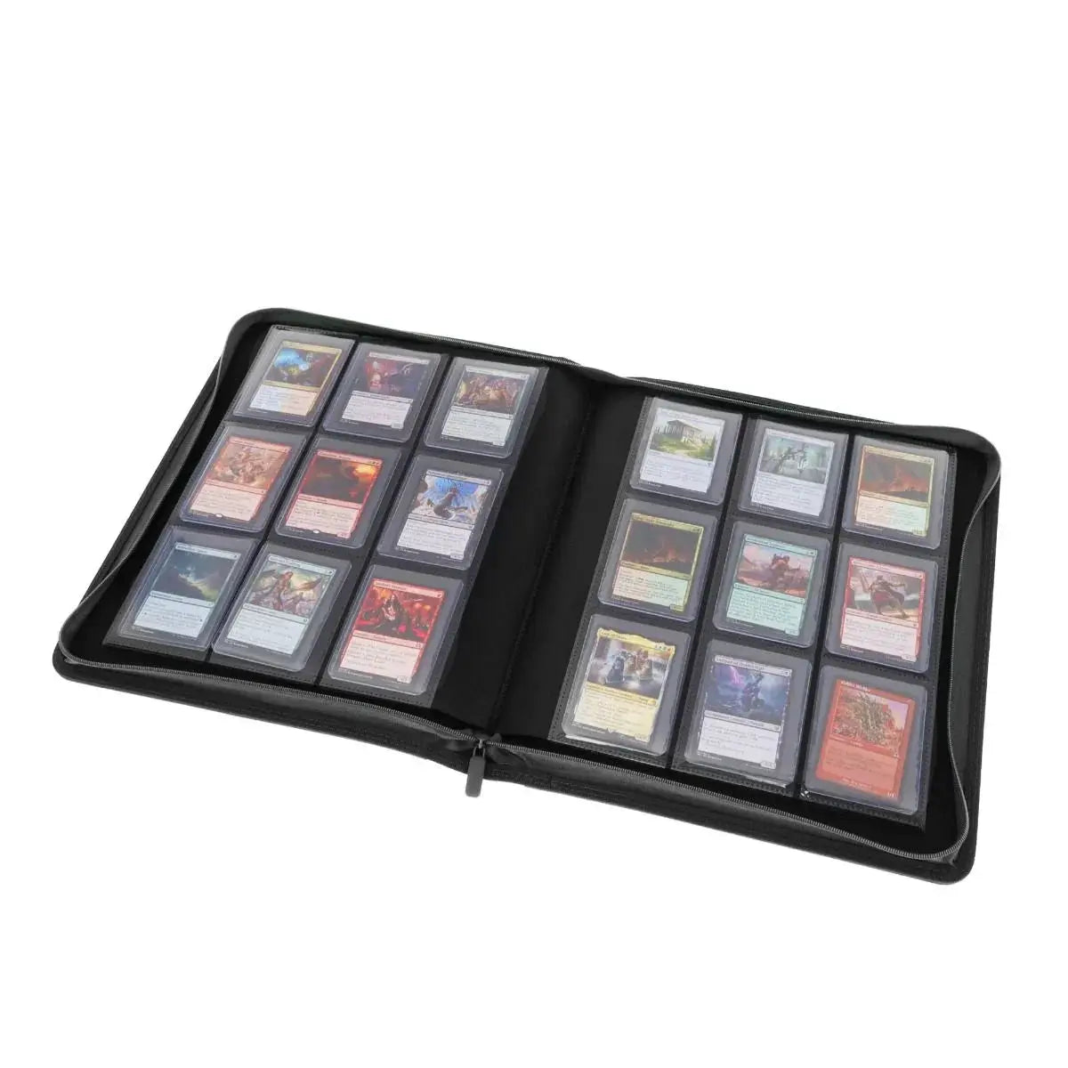 Open Z-Folio 9-Pocket LX album in black with top loaders, featuring clear pages for displaying collectible cards.