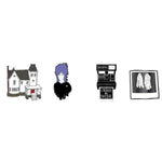Set of four Beetlejuice enamel pins featuring characters from the movie, with detailed and colorful designs.