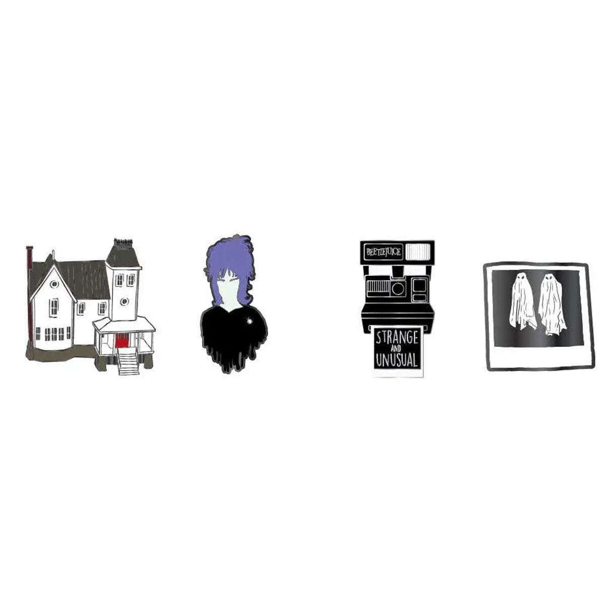Set of four Beetlejuice enamel pins featuring characters from the movie, with detailed and colorful designs.