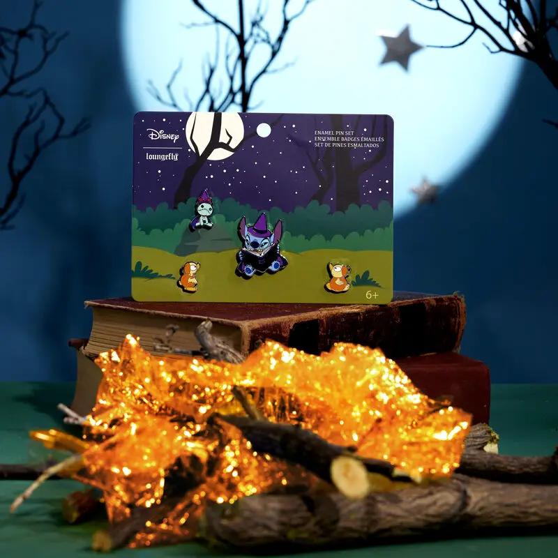 Enamel pin set featuring Stitch with spooky storybook design, perfect for Halloween-themed accessories.
