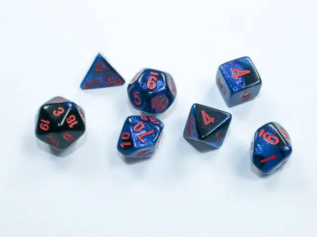 Mini 7-die set from Chessex featuring colorful polyhedral dice for tabletop gaming, displayed on a white background.