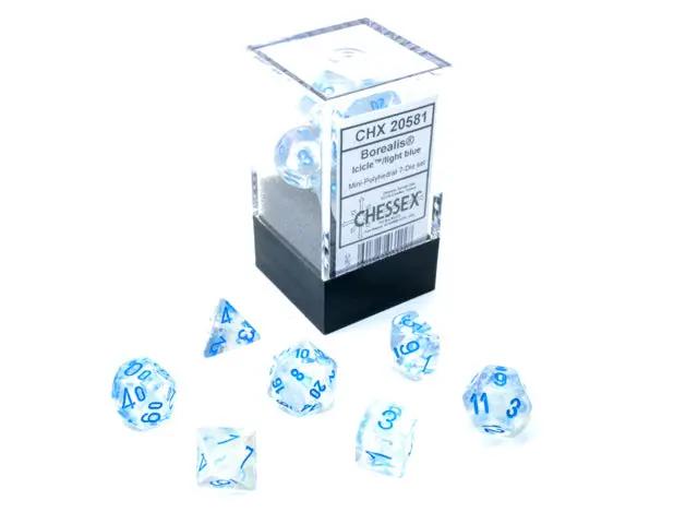 Mini 7-Die set from Chessex featuring colorful polyhedral dice for tabletop gaming, displayed on a plain background.