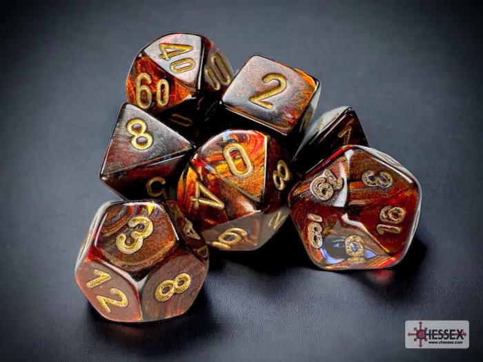 Blue plastic mini 7-die set from Chessex, featuring a variety of polyhedral dice for tabletop games.
