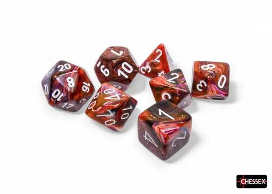 Polyhedral 7-dice set by Chessex, featuring colorful numbered dice for tabletop role-playing games.