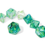 Polyhedral 7-dice set from Chessex featuring colorful, translucent polyhedral dice for tabletop gaming and role-playing games.