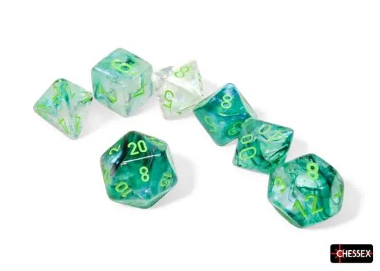 Polyhedral 7-dice set from Chessex featuring colorful, translucent polyhedral dice for tabletop gaming and role-playing games.