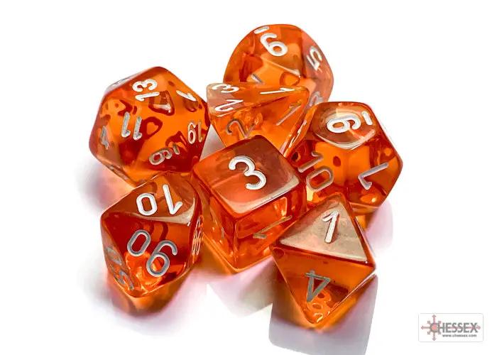 Transorange polyhedral 7-dice set by THE MIGHTY HOBBY SHOP, featuring various shapes and sizes for tabletop gaming.