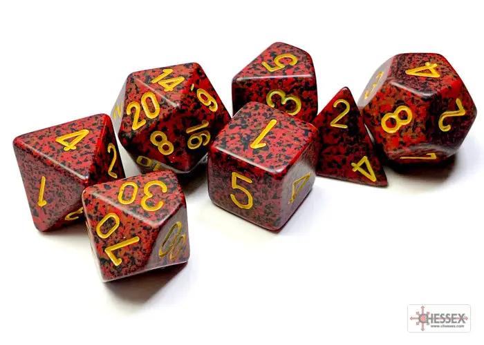 Set of seven polyhedral dice with speckled mercury design from Chessex, featuring various shapes for tabletop gaming.